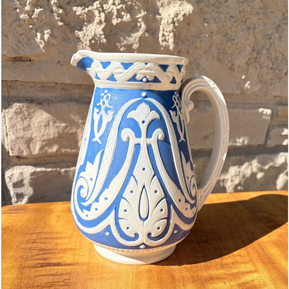 Antique Copeland Parian Ware Pitcher Cobalt Blue White Relief‎ Scrollwork Jug